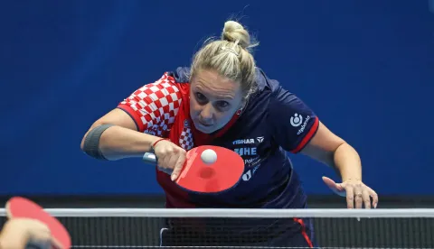 Zadar, 12.10.2025. - Dvorana Krešimira Ćosića na Višnjiku. Utakmica ETTU Europskog ekipnog prvenstva u stolnom tenisu Zadar 2025 za žene između Hrvatske i Engleske. Ivana Malobaic - Wong Jasmin,Na fotografiji: Ivana Malobabic, Foto: HINA/Zvonko KUCELIN