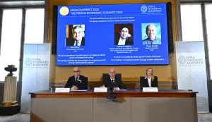 epa12450304 (from L) Professor John Hassler, Chairman of the Committee for the Prize in Economic Sciences in Memory of Alfred Nobel, Hans Ellegren, Permanent Secretary of the Academy of Sciences and Professor Kerstin Enflo, Member of the Committee for the Prize in Economic Sciences in Memory of Alfred Nobel announce the winners of the Nobel Prize in Economics 2025 in Stockholm, Sweden, 13 October 2025. The Sveriges Riksbank Prize in Economic Sciences in Memory of Alfred Nobel, the Nobel Prize in Economic Sciences 2025, is being awarded to Joel Mokyr, Northwestern University, Evanston, IL, USA, Philippe Aghion, College de France and INSEAD, Paris, France, The London School of Economics and Political Science, UK and Peter Howitt, Brown University, Providence RI, USA. EPA/ANDERS WIKLUND SWEDEN OUT