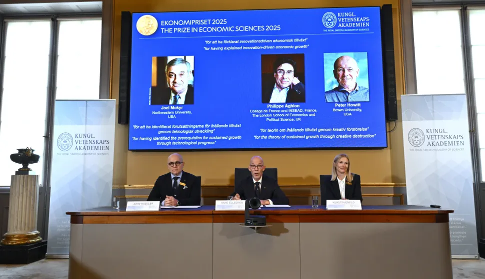 epa12450304 (from L) Professor John Hassler, Chairman of the Committee for the Prize in Economic Sciences in Memory of Alfred Nobel, Hans Ellegren, Permanent Secretary of the Academy of Sciences and Professor Kerstin Enflo, Member of the Committee for the Prize in Economic Sciences in Memory of Alfred Nobel announce the winners of the Nobel Prize in Economics 2025 in Stockholm, Sweden, 13 October 2025. The Sveriges Riksbank Prize in Economic Sciences in Memory of Alfred Nobel, the Nobel Prize in Economic Sciences 2025, is being awarded to Joel Mokyr, Northwestern University, Evanston, IL, USA, Philippe Aghion, College de France and INSEAD, Paris, France, The London School of Economics and Political Science, UK and Peter Howitt, Brown University, Providence RI, USA. EPA/ANDERS WIKLUND SWEDEN OUT