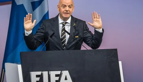 epa07626839 FIFA President Gianni Infantino delivers a speech during the 69th FIFA Congress in Paris, France, 05 June 2019. Infantino is due to be re-elected for a second term as the head of FIFA. EPA/CHRISTOPHE PETIT TESSON