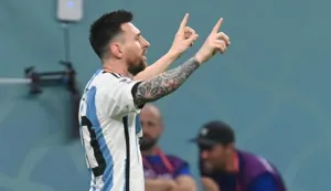 epa10346779 Lionel Messi of Argentina celebrates after scoring the 1-0 during the FIFA World Cup 2022 round of 16 soccer match between Argentina and Australia at Ahmad bin Ali Stadium in Doha, Qatar, 03 December 2022. EPA/Neil Hall