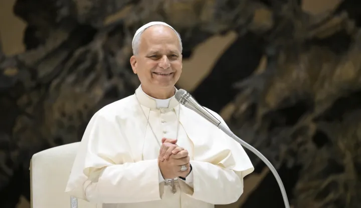 epa12444677 A handout picture provided by the Vatican Media shows Pope Leo XIV greeting attendees during meeting of the Jubilee of Consecrated Life at Paul VI Audience Hall in Vatican City, 10 October 2025. EPA/VATICAN MEDIA HANDOUT HANDOUT EDITORIAL USE ONLY/NO SALES