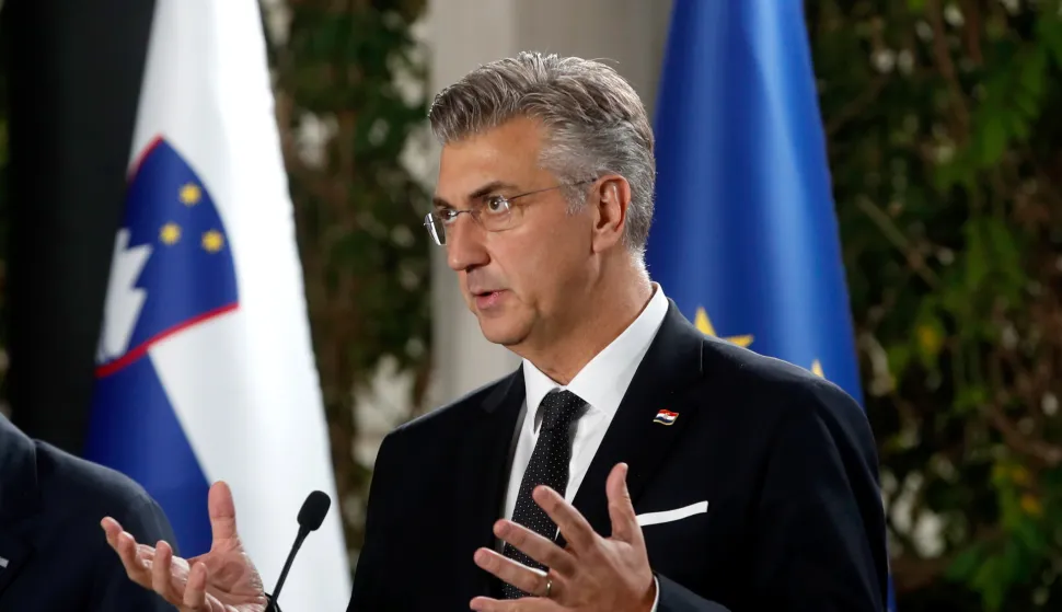 epa12467766 Croatian Prime Minister Andrej Plenkovic speaks at a joint press conference during the MED9 Leaders' Summit at Kempinski Palace, in Portoroz, Slovenia, 20 October 2025. Slovenia is hosting the MED9 leaders, who are joined by the President of the European Commission, to discuss European competitiveness and the situation in the Middle East. EPA/ANTONIO BAT