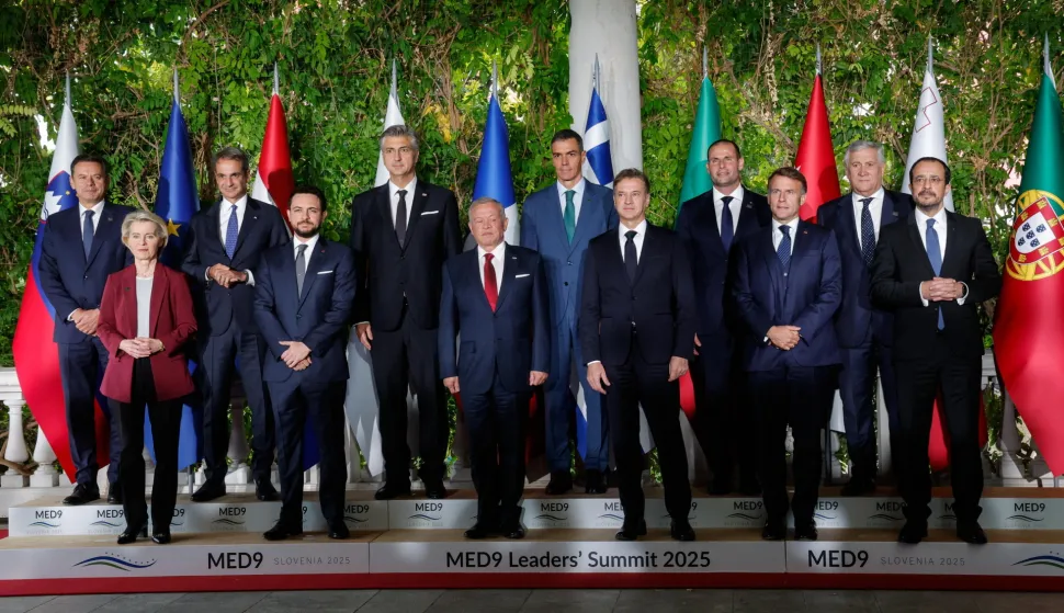 epa12467339 (L-R, 1st row) European Commission President Ursula von der Leyen, Crown Prince Hussein of Jordan, King Abdullah II of Jordan, Slovenia's Prime Minister Robert Golob, France's President Emmanuel Macron, Cyprus' President Nikos Christodoulides; (L-R, 2nd row) Portugal's Prime Minister Luis Montenegro, Greece's Prime Minister Kyriakos Mitsotakis, Croatia?s Prime Minister Andrej Plenkovic, Spain?s Prime Minister Pedro Sanchez, Malta's Prime Minister Robert Abela, and Italy?s Foreign Minister and Deputy Prime Minister Antonio Tajani pose for a family photo during the MED9 Leaders' Summit at Kempinski Palace, in Portoroz, Slovenia, 20 October 2025. Slovenia is hosting the MED9 leaders, who are joined by the President of the European Commission, to discuss European competitiveness and the situation in the Middle East. EPA/GIUSEPPE LAMI