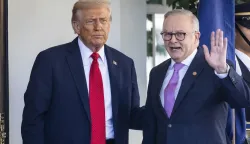 epa12467824 US President Donald Trump (L) welcomes Australian Prime Minister Anthony Albanese (R) to the White House in Washington, DC, USA, 20 October 2025. The two are scheduled to discuss US tariffs on Australian imports, as well as the trilateral defense deal between Australia, the United Kingdom, and the United States (AUKUS). EPA/JIM LO SCALZO