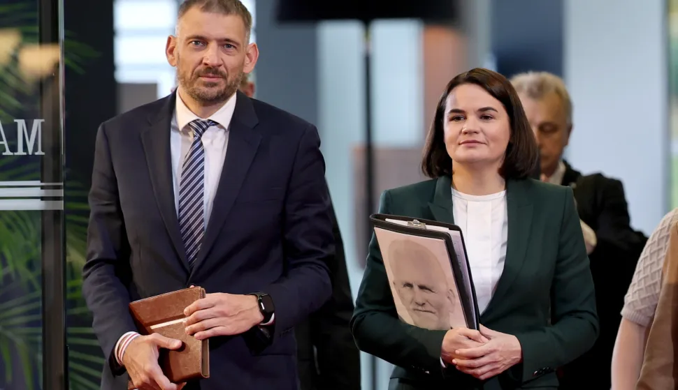 epaselect epa12471988 Belarusian YouTuber, video blogger, opposition leader, and pro-democracy activist Sergei Tikhanovsky (L) and his wife, Belarusian opposition leader and political activist Svetlana Tikhanovskaya (R), arrive at the European Parliament in Strasbourg, France, 22 October 2025. The current plenary session runs from 20 until 23 October 2025. EPA/RONALD WITTEK