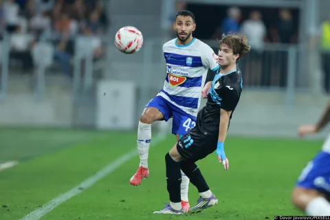 09.08.2025., stadion Opus Arena, Osijek - SuperSport HNL, 02. kolo, NK Osijek - HNK Rijeka. Renan Guedes i Gabriel Rukavina Photo: Davor Javorovic/PIXSELL