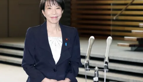 Japan's new Prime Minister Sanae Takaichi meets the press at the prime minister's office in Tokyo on Oct. 22, 2025, a day after parliament elected her the nation's first female leader. (Kyodo) ==Kyodo Photo via Newscom
