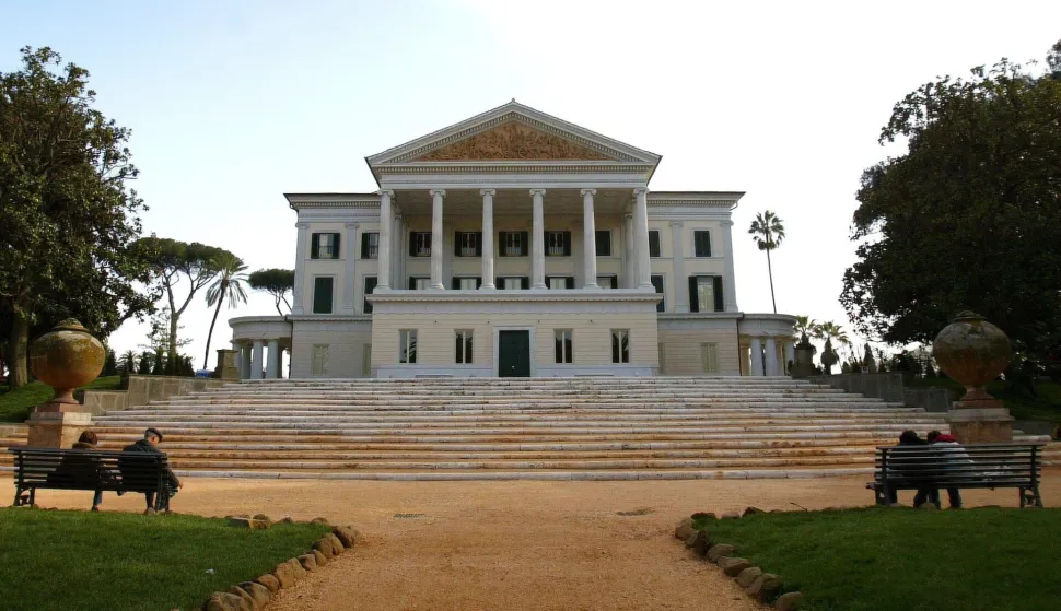 epa00674588 General outside view of the former Roman residence of Italian dictator Benito Mussolini, pictured on 21 March 2006. The Villa Torlonia built in 1830 was reopened to the public for the first time on Wednesday, 22 March 2006, more than 60 years after being abandoned by the Fascist leader. After World War II, the villa underwent decades of decay until a 5.5 million euros (6.6 million dollars) renovation project paid by the Rome city council restoredits former grandeur. The villa is to be turned into a museum. EPA/MARTINA CRISTOFANI EPA/MARTINA CRISTOFANI