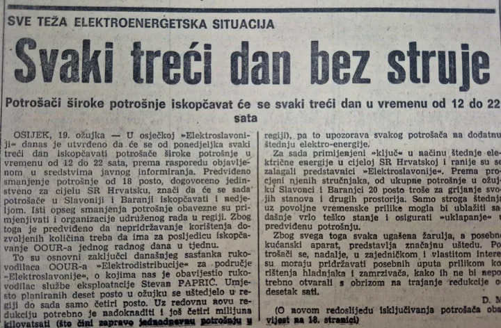 Redukcije struje - Glas Slavonije iz 80-ih