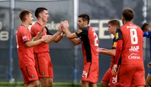 Zagreb, 29.10.2025 - Utakmica osmine finala Hrvatskog nogometnog kupa, NK Rudeš - HNK Gorica. Na slici igrači Gorice slave postignuti zgoditak.foto HINA/ Damir SENČAR/ ds