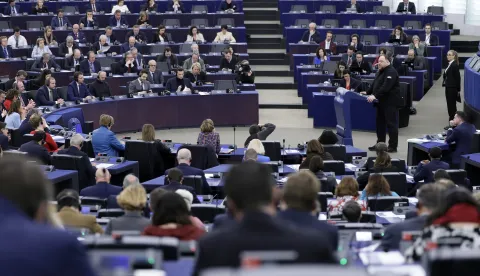 epa11887952 President of the Ukrainian Parliament Ruslan Stefanchuk delivers a speech at the European Parliament in Strasbourg, France, 11 February 2025. The EU Parliament's session runs from 10 till 13 February 2025. EPA/RONALD WITTEK