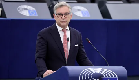 epa12469435 European Commissioner for Internal Affairs and Migration, Magnus Brunner, speaks during a debate titled 'Changing security landscape and the role of police at the heart of the EU's internal security strategy', at the European Parliament in Strasbourg, France, 21 October 2025. EP's current plenary session runs from 20 to 23 October 2025. EPA/RONALD WITTEK