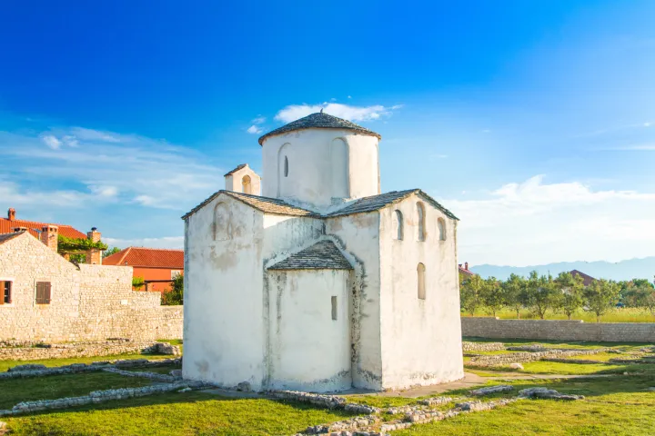 Medieval church of Holy Cross from 9th century and archaeological site in historic town of Nin, Dalmatia, Croatia