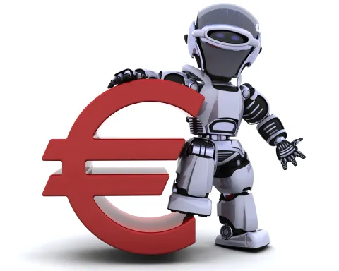 3D render of a robot with euro symbolNOVA FAZA Europska središnja banka nastavlja razvijati inovaciju u načinu plaćanjaMain Headline:Probne transakcije digitalnim eurom već od sredine 2027.