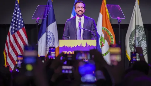 epa12504036 Mayor-elect of New York City Zohran Mamdani speaks during an election night party hosted by the Democratic nominee in the Brooklyn borough of New York, USA, 4 November 2025. Mamdani has defeated Andrew Cuomo to win the New York mayoral election. EPA/SARAH YENESEL