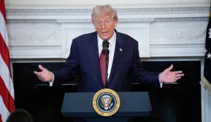 epa12504847 US President Donald Trump delivers remarks at the breakfast with republican senators in the State Dining Room at the White House in Washington, DC, USA, on 05 November 2025. EPA/YURI GRIPAS/POOL