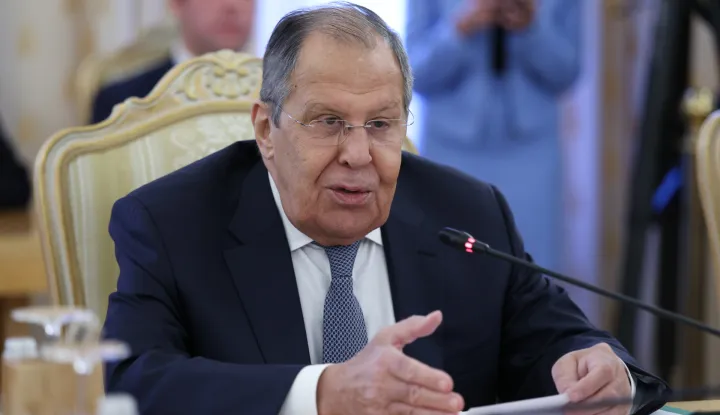 epa12472057 Russian Foreign Minister Sergei Lavrov speaks during a meeting with Kazakh Foreign Minister Yermek Kosherbayev (not pictured) in Moscow, Russia, 22 October 2025. EPA/RAMIL SITDIKOV/POOL