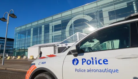 epa12510162 An Air Police car outside Liege Airport terminal, Belgium, 07 November 2025. Belgium's air traffic control service Skeyes announced a 30-minute interruption of air traffic at Liege Airport on 07 November following a new drone sighting. Flights have resumed again, a spokesperson of the air traffic controller said. EPA/OLIVIER HOSLET