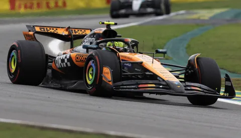 epa12512672 McLaren driver Lando Norris of Britain competes in the sprint race at the Formula One Grand Prix of Sao Paulo at the Autodromo Jose Carlos Pace racetrack in Interlagos, Sao Paulo, Brazil, 08 November 2025. The 2025 Formula 1 Grand Prix of Sao Paulo will be held on 09 November. EPA/Isaac Fontana