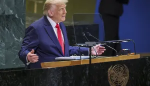 epa12399872 US President Donald Trump speaks during the General Debate of the 80th session of the United Nations General Assembly (UNGA) at the United Nations headquarters in New York, New York, USA, 23 September 2025. EPA/SARAH YENESEL