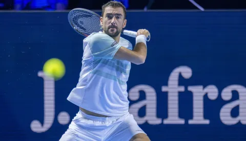 epa12469990 Croatia's Marin Cilic in action during the singles first round match against Belgium's David Goffin at the Swiss Indoors tennis tournament in Basel, Switzerland, 21 October 2025. EPA/GEORGIOS KEFALAS