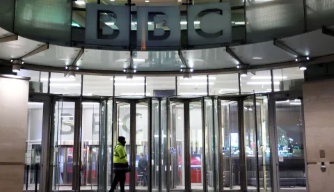 epa12517405 A security member walks at the BBC headquarters in London, Britain, 11 November 2025. Following controversy over the editing of a Donald Trump speech in a Panorama documentary, BBC Director-General Tim Davie and BBC Head of News Deborah Turness have resigned, amidst broader accusations of 'serious and systemic' bias in the network's coverage. EPA/ANDY RAIN