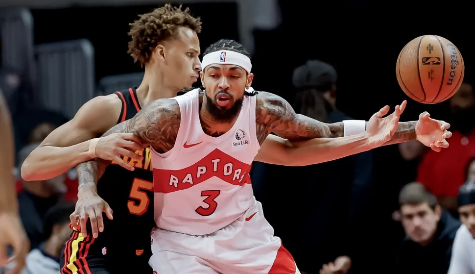 epa12511520 Atlanta Hawks guard Dyson Daniels (L) makes a steal from Toronto Raptors forward Brandon Ingram (R) during the first half of an NBA Cup tournament basketball game between the Toronto Raptors and the Atlanta Hawks in Atlanta, Georgia, USA, 07 November 2025. EPA/ERIK S. LESSER SHUTTERSTOCK OUT
