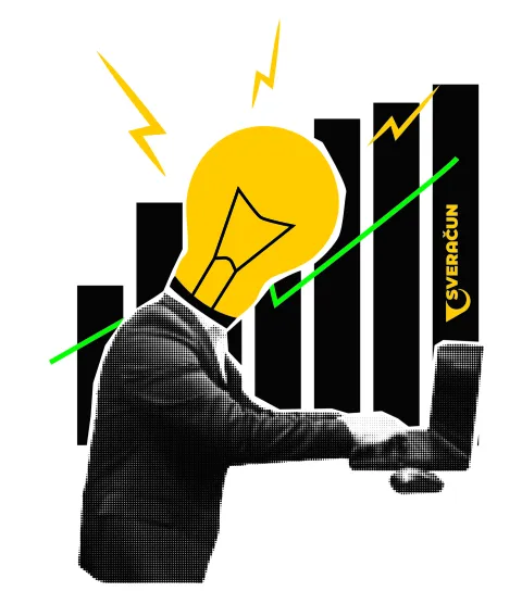 Business collage in halftone style. Modernism and Bauhaus. Vector. A man typing on a computer in a suit. Works. Business analytics. Job. Trendy elements. Sample. Retro. Paper. Light bulb. Idea