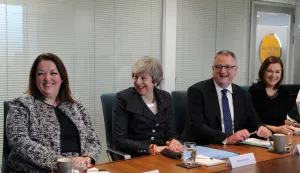 epa07345800 British Prime Minister Theresa May (C) pictured meeting with John Healy (R), Tina McKenzie (L) and other Northern Irish businesspeople after delviering a speech on Brexit in Belfast, Northern Ireland, 05 February 2019. May is expected to outline her plans to avoid a hard border with Ireland in her Brexit deal. The United Kingdom (UK) is leaving the European Union (EU) following a narrow in for Brexit in a referendum. EPA/Aidan Crawley