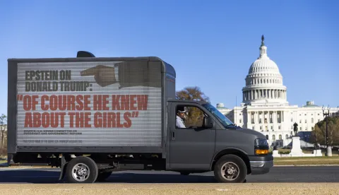 epa12532369 A protest truck drives by the US Capitol ahead of a House of Representatives vote on whether to release the so-called Epstein files in Washington, DC, USA, 17 November 2025. The House is expected to vote on the release of the files related to late sex offender Jeffrey Epstein on 18 November. EPA/JIM LO SCALZO