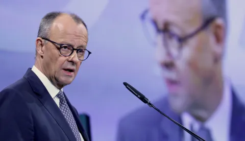 epa12531029 German Chancellor Friedrich Merz speaks during economy congress 'SZ-Wirtschaftsgipfel' organised by German daily newspaper 'Sueddeutsche Zeitung' in Berlin, Germany, 17 November 2025. EPA/HANNIBAL HANSCHKE