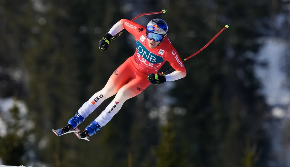 epa11946555 Marco Odermatt of Switzerland in action during the Men's Downhilll at the at the FIS Alpine Skiing World Cup in Kvitfjell, Norway, 07 March 2025. EPA/Cornelius Poppe NORWAY OUT