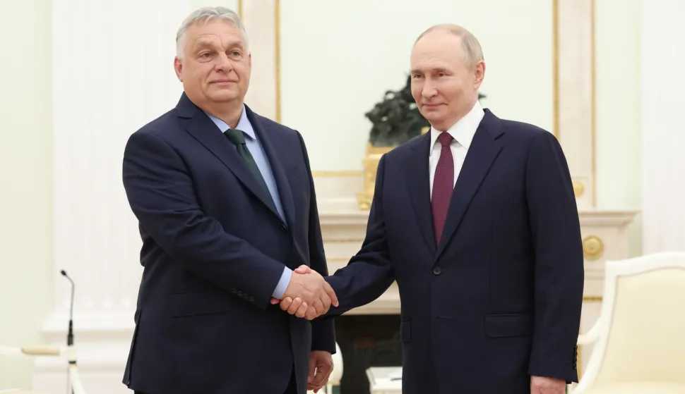 epa11458764 Russian President Vladimir Putin (R) shakes hands with Hungarian Prime Minister Viktor Orban (L) during a meeting at the Kremlin, in Moscow, Russia, 05 July 2024. Orban arrived in Moscow on a one-day working visit. EPA/VALERIY SHARIFULIN/SPUTNIK/KREMLIN/POOL MANDATORY CREDIT