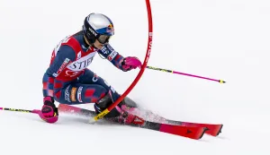 epa11992163 Zrinka Ljutic of Croatia in action during the first run of the women's Slalom race at the FIS Alpine Ski World Cup Finals, in Sun Valley, Idaho, USA, 27 March 2025. EPA/JEAN-CHRISTOPHE BOTT
