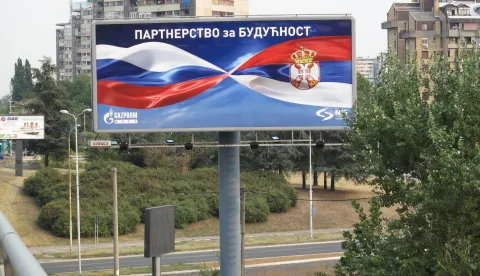 "Partnership for the future" is written on a billboard on a highway in Belgrade, Serbia, 31 August 2012. Russian company Gazprom has purchased Naftna Industrija Srbije (NIS). Photo: Thomas Brey/DPA/PIXSELL