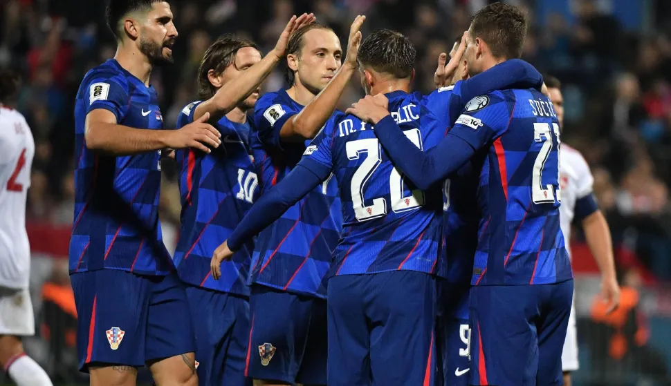 12.10.2025., stadion Varteks, Varazdin - Kvalifikacije za FIFA Svjetsko nogometno prvenstvo 2026., skupina L, Hrvatska - Gibraltar. Nogometasi Hrvatske slave pogodak Luke Sucica za vodstvo 2:0. Martin Erlic, Luka Modric, Lovro Majer, Marco Pasalic i Luka Sucic Photo: Vjeran Zganec Rogulja/PIXSELL