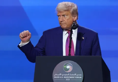 epa12533755 (FILE) - US President Donald Trump delivers a keynote address at the Saudi-US Investment Forum in Riyadh, Saudi Arabia, 13 May 2025 (reissued 18 November 2025). President Trump announced a plan to sell F-35 fighter jets, the US' most advanced stealth warplane, to Saudi Arabia just before Saudi Crown Prince Mohammed bin Salman's visit to the White House. EPA/ALI HAIDER