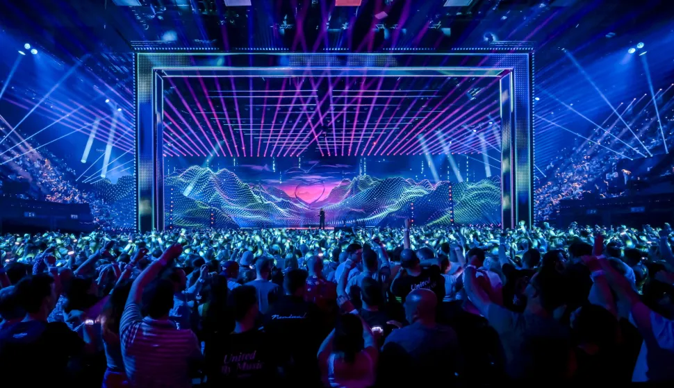 epa12100436 Lights are seen on the stage prior the dress rehearsal for the second semi-final of the 69th Eurovision Song Contest (ESC) in Basel, Switzerland, 14 May 2025. EPA/GEORGIOS KEFALAS
