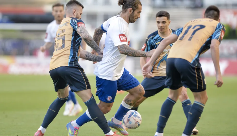 Split, 18.05.2025 - Utakmica 35. kola Prve HNL, Hajduk - Rijeka. Na slici Marko Livaja, Ante Majstorović.foto HINA/ Mario&nbsp;STRMOTIĆ/&nbsp;ds