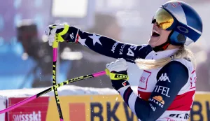epa12586964 Lindsey Vonn of the United States reacts in finish area during the women's Downhill race at the Alpine Skiing FIS Ski World Cup, in St. Moritz, Switzerland, 12 December 2025. EPA/CLAUDIO THOMA
