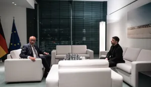 epa12594629 Ukrainian President Volodymyr Zelensky (R) and German Chancellor Friedrich Merz hold talks at the Chancellery in Berlin, Germany, 15 December 2025. Zelensky is meeting with European leaders tonight following his meetings with negotiators from the U.S. yesterday and earlier today at the Chancellery in an effort to work towards a ceasefire in Russia's ongoing war in Ukraine. EPA/NADJA WOHLLEBEN/POOL