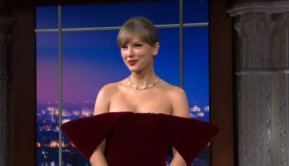 Pictures MUST credit: CBS Music superstar Taylor Swift called fianc&eacute; Travis Kelce the love of her life as she listed three of the most important people now in her life. The others were veteran Fleetwood Mac singer Stevie Nicks and songwriting partner Max Martin who now help her. Swift,35, spoke about them when she appeared on the Stephen Colbert talk show in the USA to discuss her upcoming The End of an Era documentary series and The Eras Tour Final Show, which will begin streaming from December 12 on Disney+. She stunned in a velvet burgundy $1,695 USD David Koma mini dress with a&nbsp;structured wing-like off-the-shoulder sleeves.&nbsp; Talking about the influence of American football star Kelce, she also told how their engagement coincided with the momentous event of getting back her original masters to her early albums. It was&nbsp;a public dispute over ownership of her first six albums. She re-recording her entire catalogue as "Taylor's Version" to devalue the originals and regain control, eventually buying back her masters earlier this year. Picture supplied by Ferrari Photo: JLPPA/Bestimage/BESTIMAGE