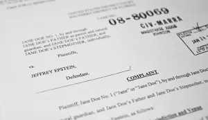 This photo illustration taken in Washington, DC, on December 19, 2025 shows a court document after the US Justice Department began releasing the long-awaited records from the investigation into the politically explosive case of convicted sex offender Jeffrey Epstein. (Photo by Mandel NGAN/AFP)