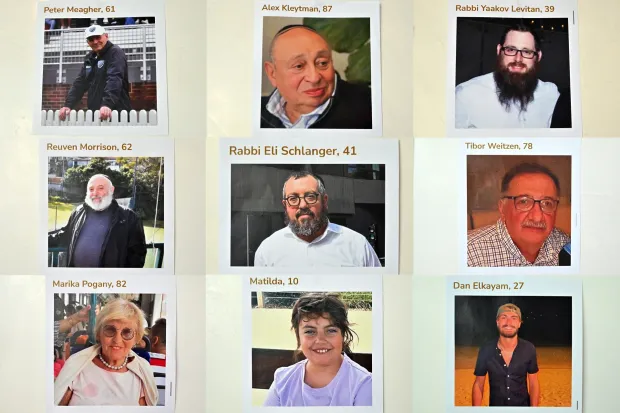 epa12597567 Photos of victims of the deadly shooting at Bondi Beach, (Top row, L-R) Peter Meagher, 61, Alex Kleytman, 87, Rabbi Yaakov Levitan, 39, (Middle row, L-R) Reuven Morrison, 62, Rabbi Eli Schlanger, 41, Tibor Weitzen, 78, (Bottow row, L-R) Marika Pogany, 82, Matilda, 10, and Dan Elkavam, 27, are displayed at Chabad of Bondi Synagogue after the funeral of Rabbi Eli Schlanger, in Sydney, Australia, 17 December 2025. Australia is in mourning following an attack on the Jewish community's Hanukkah festival celebrations on 14 December that left at least 16 people dead, including one gunman. EPA/MICK TSIKAS AUSTRALIA AND NEW ZEALAND OUT