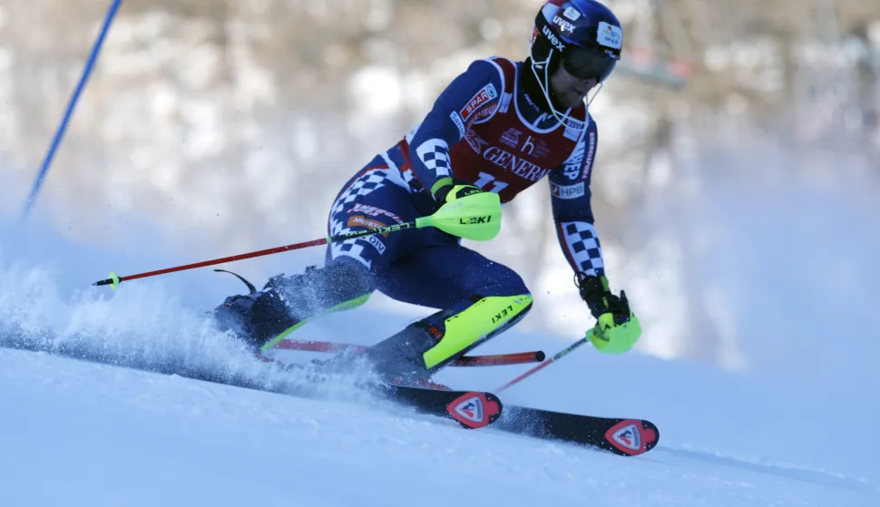 epa12590920 Samuel Kolega of Croatia in action during the 1st run of the Men's Slalom race at the FIS Alpine Skiing World Cup in Val d'Isere, France, 14 December 2025. EPA/SEBASTIEN NOGIER