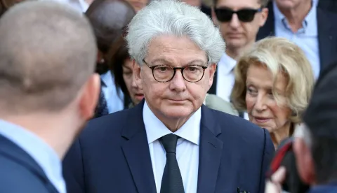 (FILES) Former European Commissioner for the Internal Market Thierry Breton attends the funeral of the late French journalist Philippe Labro at the Saint-Germain-des-Pres church in Paris, on June 13, 2025. On December 23, 2025, the United States announced sanctions against five European figures committed to strict regulation of technology, including French former European Commissioner Thierry Breton, who are now banned from entering the country. The State Department justified the move by saying that the actions of these individuals amounted to "censorship" to the detriment of US interests. (Photo by Thomas SAMSON/AFP)