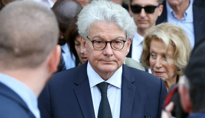 (FILES) Former European Commissioner for the Internal Market Thierry Breton attends the funeral of the late French journalist Philippe Labro at the Saint-Germain-des-Pres church in Paris, on June 13, 2025. On December 23, 2025, the United States announced sanctions against five European figures committed to strict regulation of technology, including French former European Commissioner Thierry Breton, who are now banned from entering the country. The State Department justified the move by saying that the actions of these individuals amounted to "censorship" to the detriment of US interests. (Photo by Thomas SAMSON/AFP)
