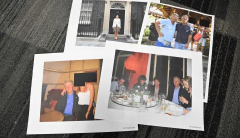 This photo illustration taken in Washington, DC, on December 19, 2025 shows photographs, including of former US president Bill Clinton, Rolling Stones singer Mick Jagger, Virgin Group chairman Richard Branson and Ghislaine Maxwell, after the US Justice Department began releasing the long-awaited records from the investigation into the politically explosive case of convicted sex offender Jeffrey Epstein. (Photo by Mandel NGAN/AFP)