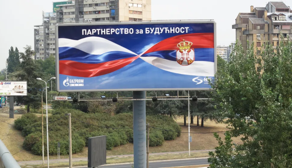 "Partnership for the future" is written on a billboard on a highway in Belgrade, Serbia, 31 August 2012. Russian company Gazprom has purchased Naftna Industrija Srbije (NIS). Photo: Thomas Brey/DPA/PIXSELL